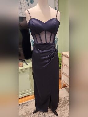 Aqua Navy Satin Evening Dress with Sweetheart Neckline